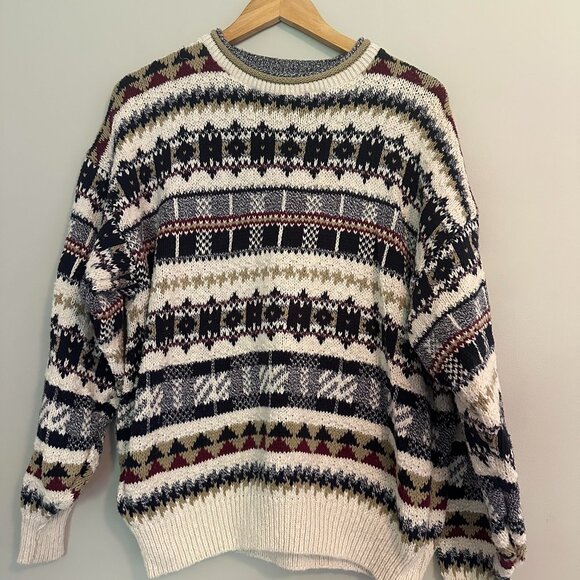 Vintage 90s Lake Harmony Nordic Fair Isle Pullover Sweater 100% Cotton - XL - Picture 1 of 4
